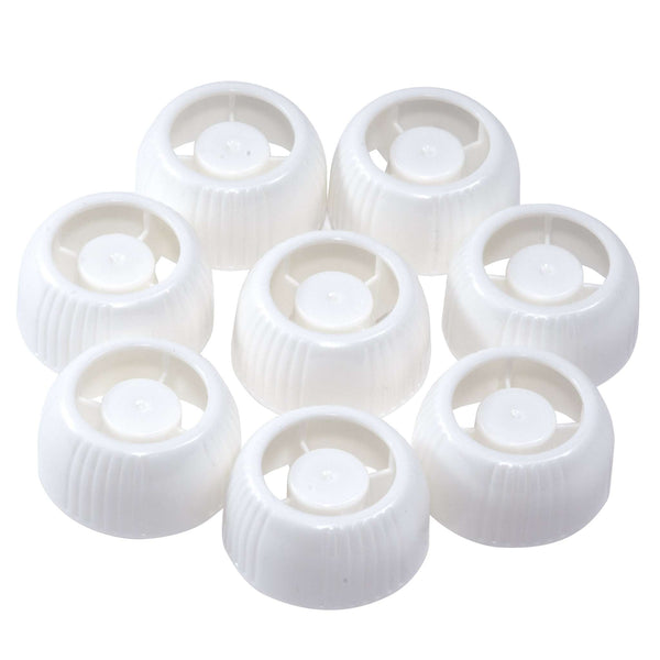 Eight white universal pouch caps for reusable squeeze food pouches.