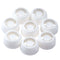 Eight white universal pouch caps for reusable squeeze food pouches.