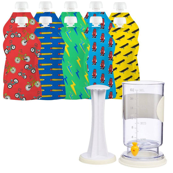 Squooshi Filling Station with reusable baby food pouches featuring robots and bikes design.