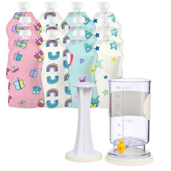 Squooshi Filling Station for baby food with 12 large 5 oz heart and star pouches, featuring spill-free design and easy clean-up.