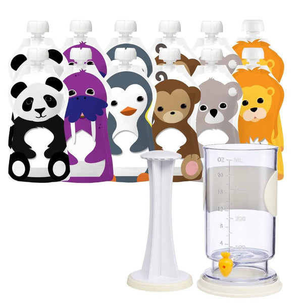 Baby food pouch maker with animal-themed reusable pouches and filling station.