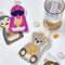 Squooshi universal reusable pouch filling station with animal-themed pouches for baby food.