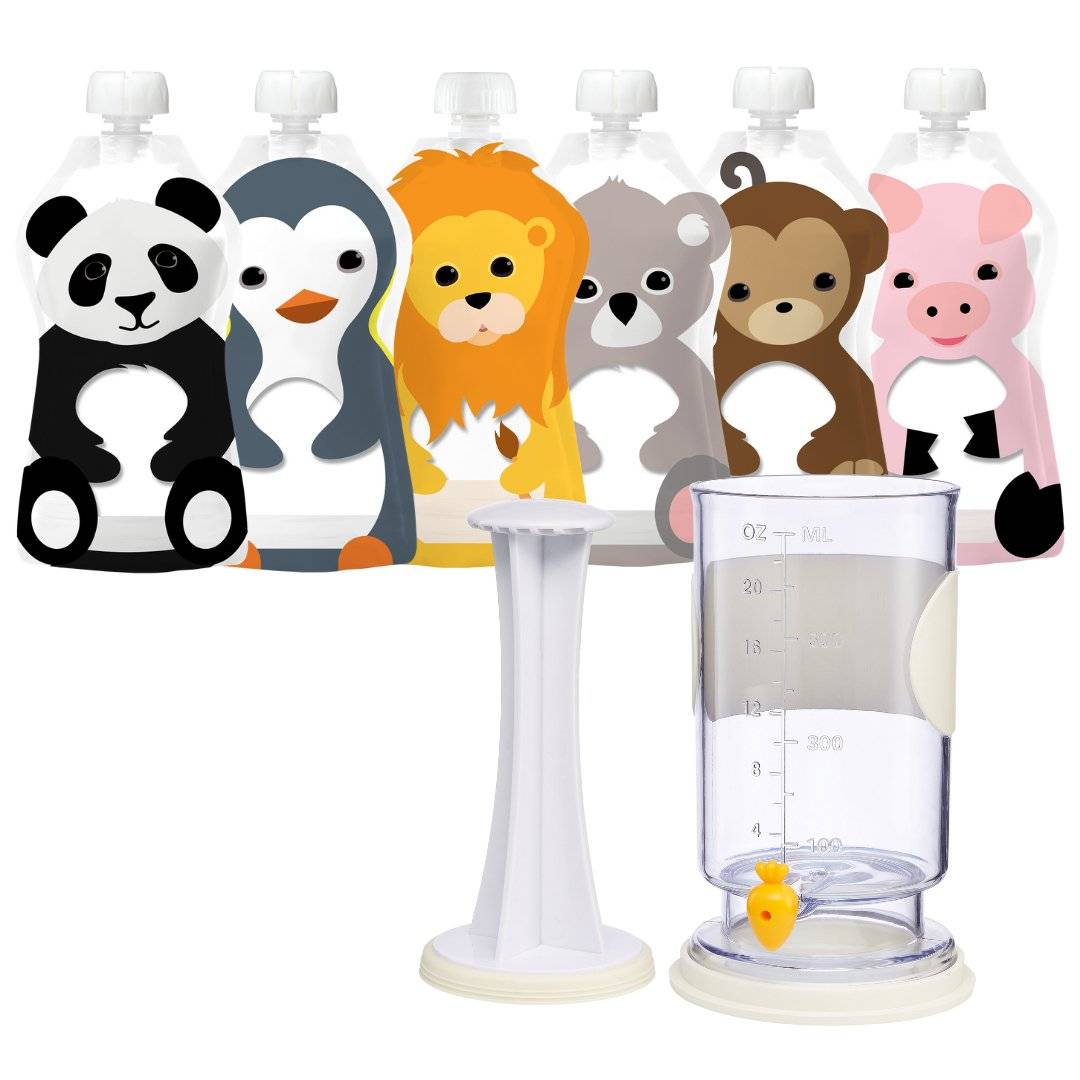 Squooshi Filling Station with six animal-themed reusable pouches for homemade baby food.