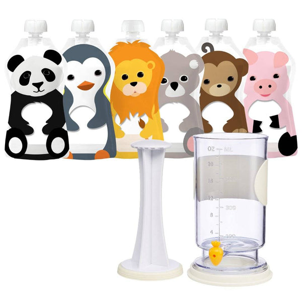 Squooshi Filling Station with six animal-themed reusable pouches for homemade baby food.