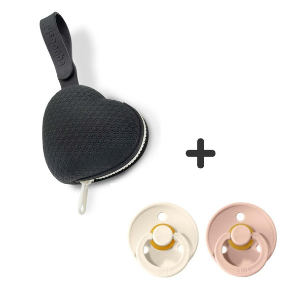 Black Squooshi pacifier holder and blush/ivory BIBS pacifier combo.