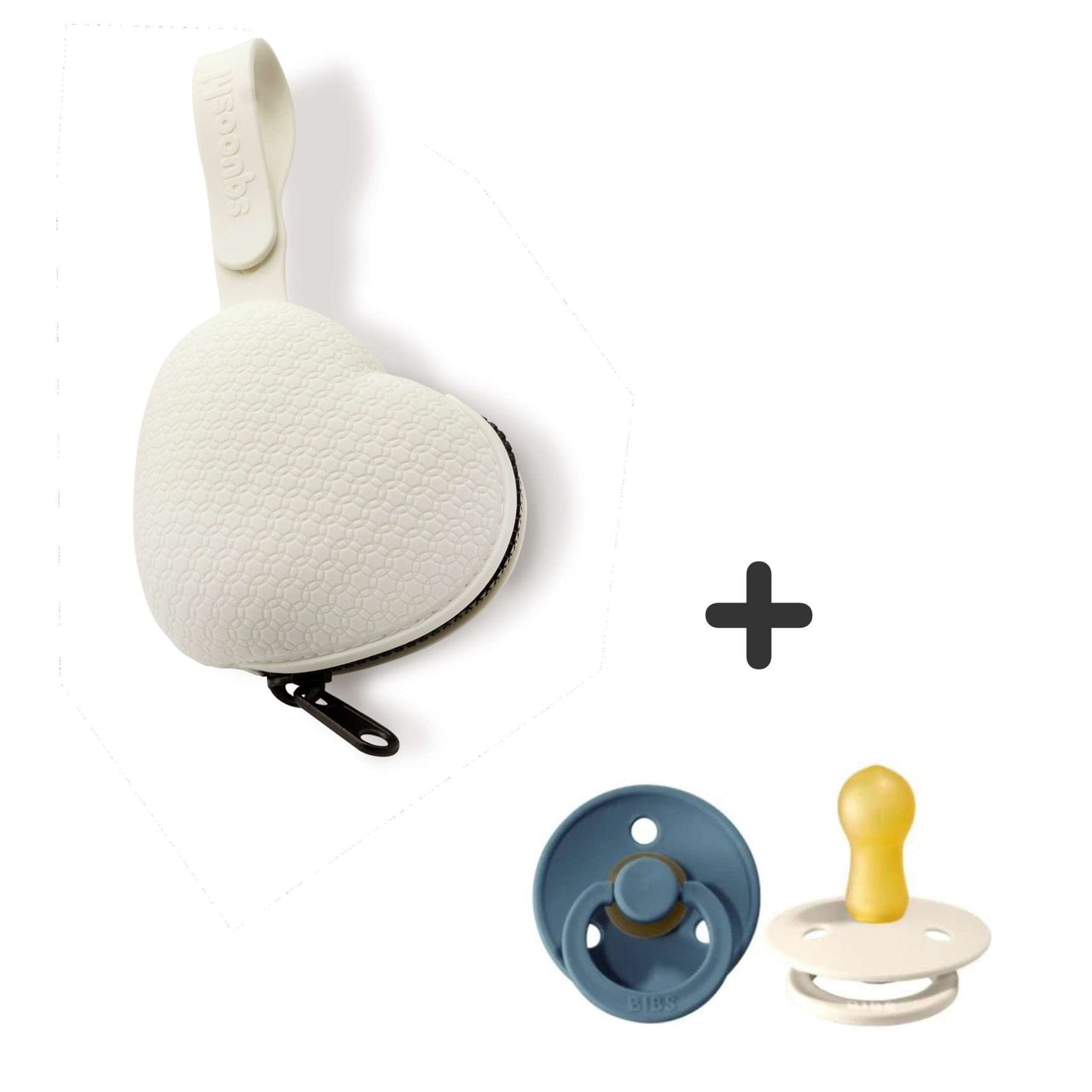 Squooshi white heart-shaped pacifier holder with BIBS petrol and ivory pacifiers combo.