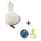 Squooshi white heart-shaped pacifier holder with BIBS petrol and ivory pacifiers combo.