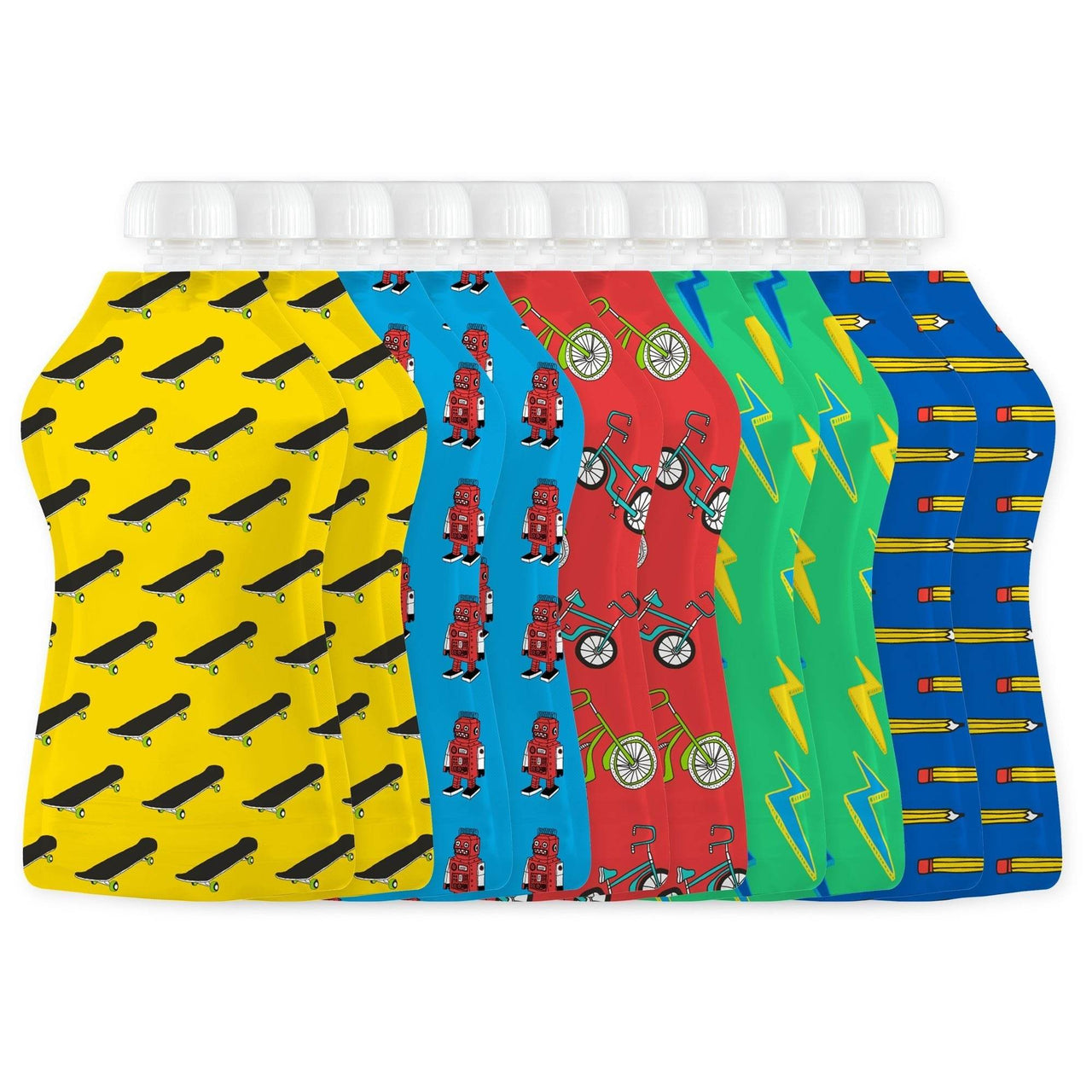 Squooshi reusable food pouches with assorted kid-friendly designs, perfect for eco-friendly meals.