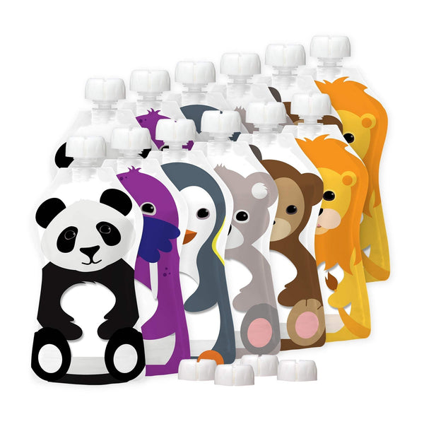Large 12 pack of 5 oz reusable food pouches with adorable animal designs.
