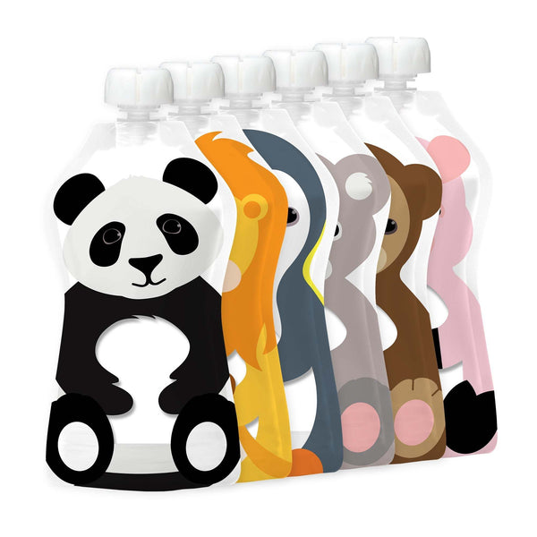 Squooshi Reusable Food Pouches in animal designs, 5 oz., 6-pack, eco-friendly and durable.