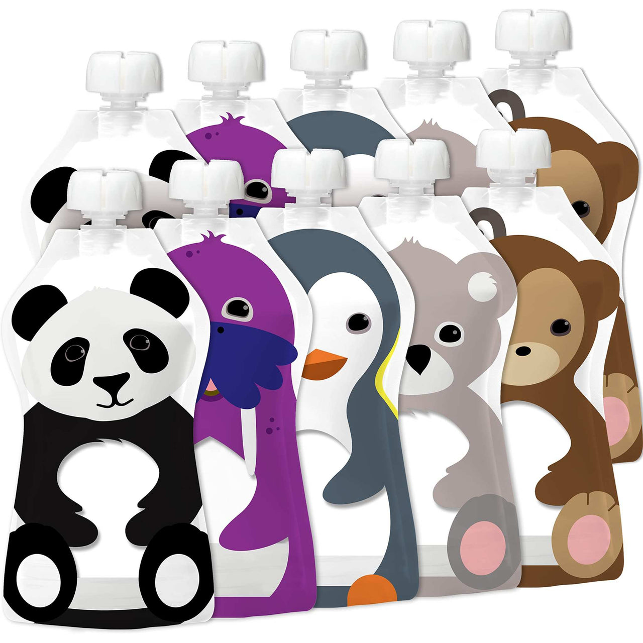 Large animal-themed reusable food pouches, 10 pack, 5 oz capacity, kid-friendly design.