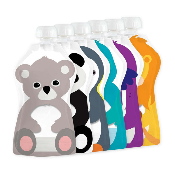 Squooshi Reusable Food Pouch 6 Pack with Adorable Designs, 3.4 oz Capacity