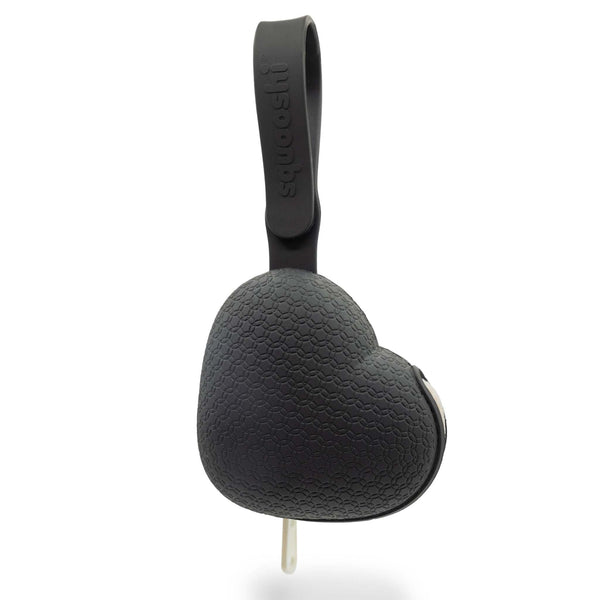 Squooshi Silicone Pacifier Holder Case in Black Heart shape with strap attachment.