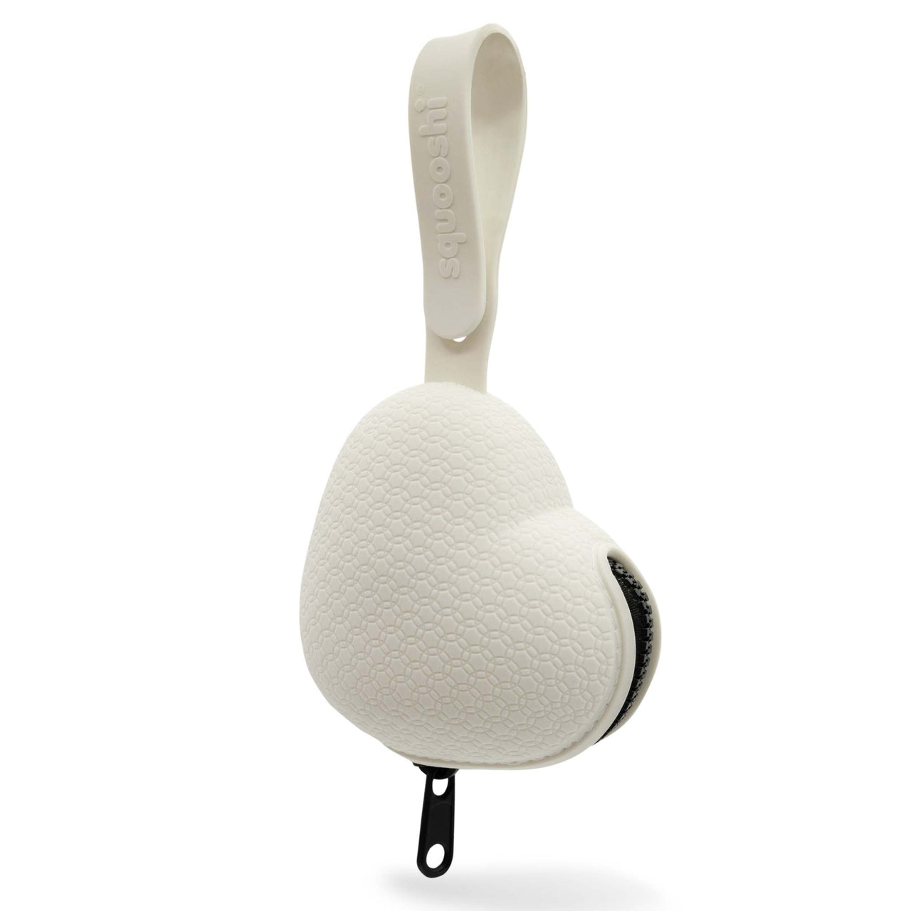 White heart-shaped silicone pacifier holder case with strap from Squooshi.