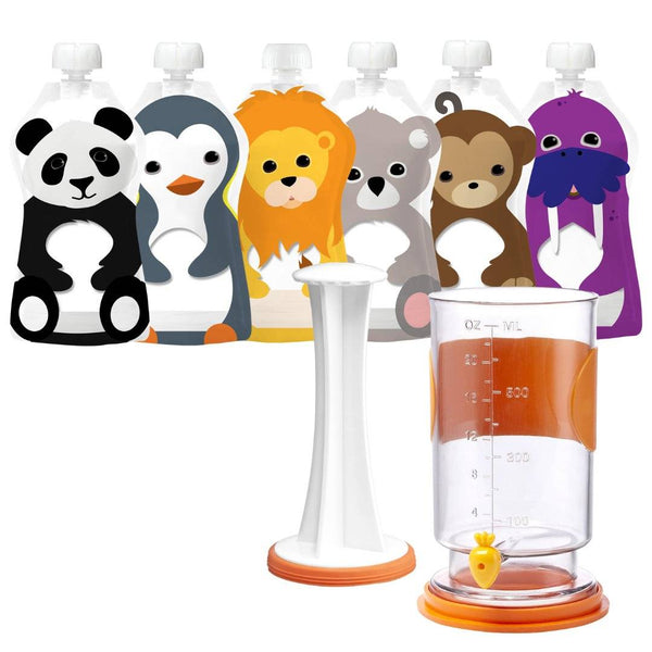 Squooshi Universal Reusable Pouch Filling Station with 6 animal-themed large pouches for easy homemade food storage.