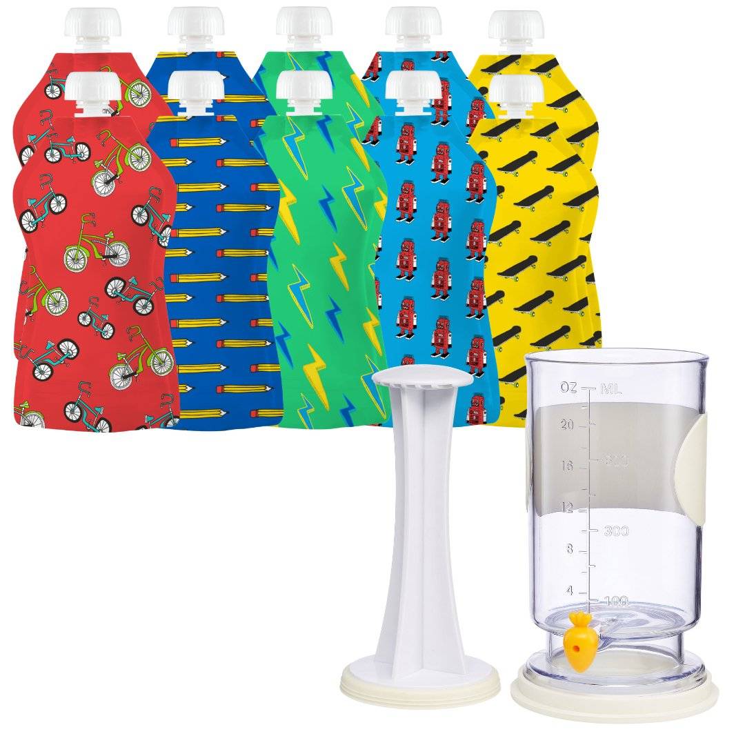 Squooshi Filling Station with reusable baby food pouches featuring robots and bikes design.