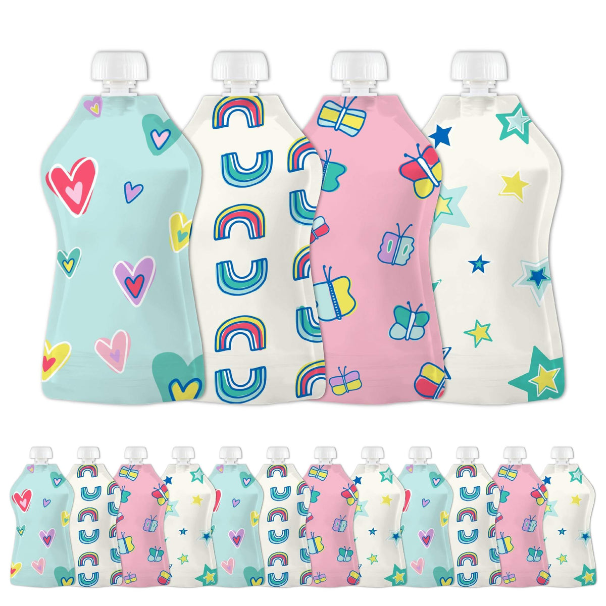 Squooshi reusable food pouches with assorted kid-friendly designs, 12-pack.