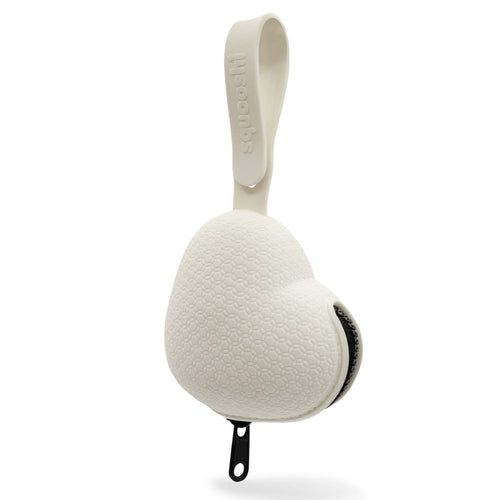 White heart-shaped silicone pacifier holder case with strap from Squooshi.