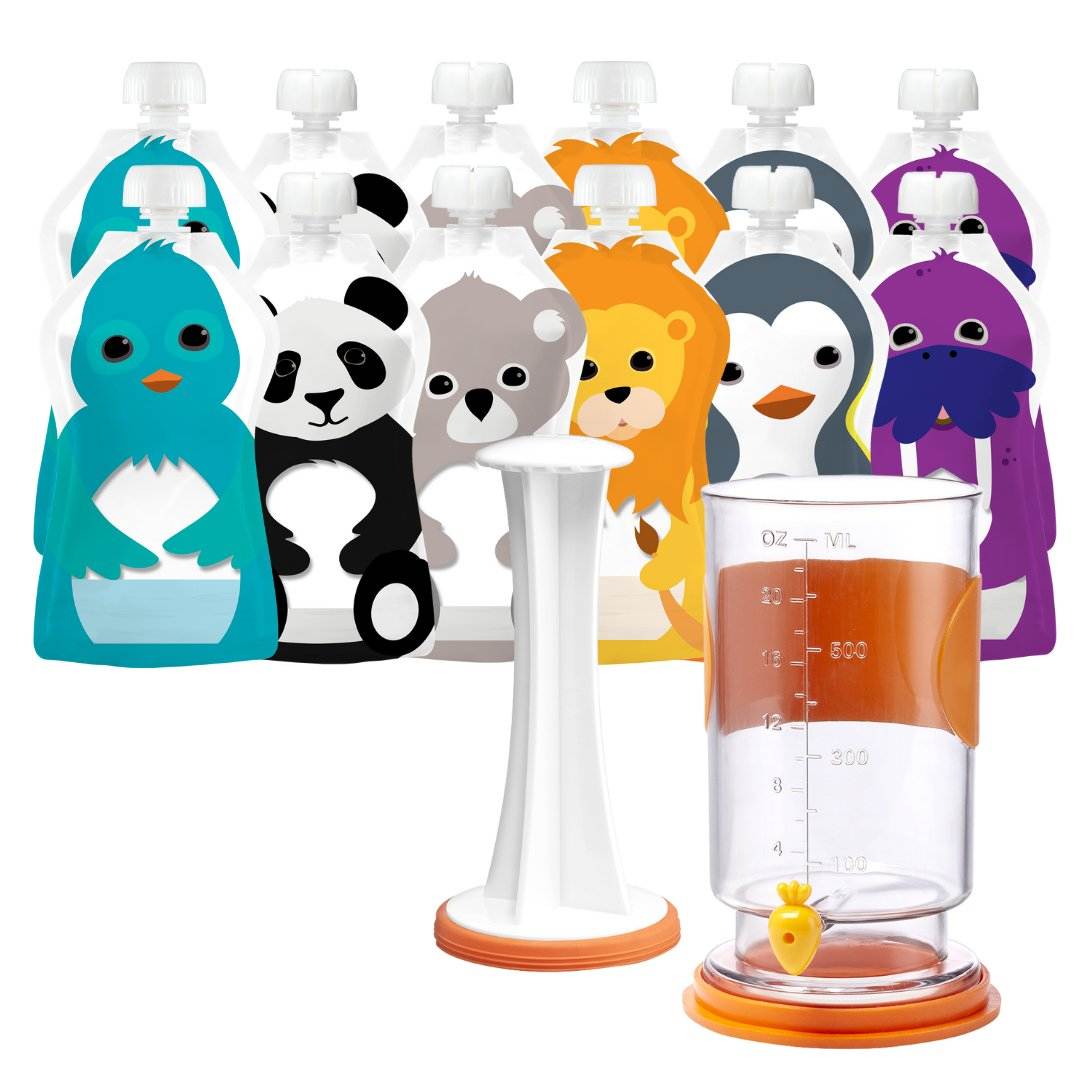 Squooshi Filling Station® Baby Food Squeeze Pouch Maker with 12 small pouches, includes container and plunger for easy and mess-free filling.